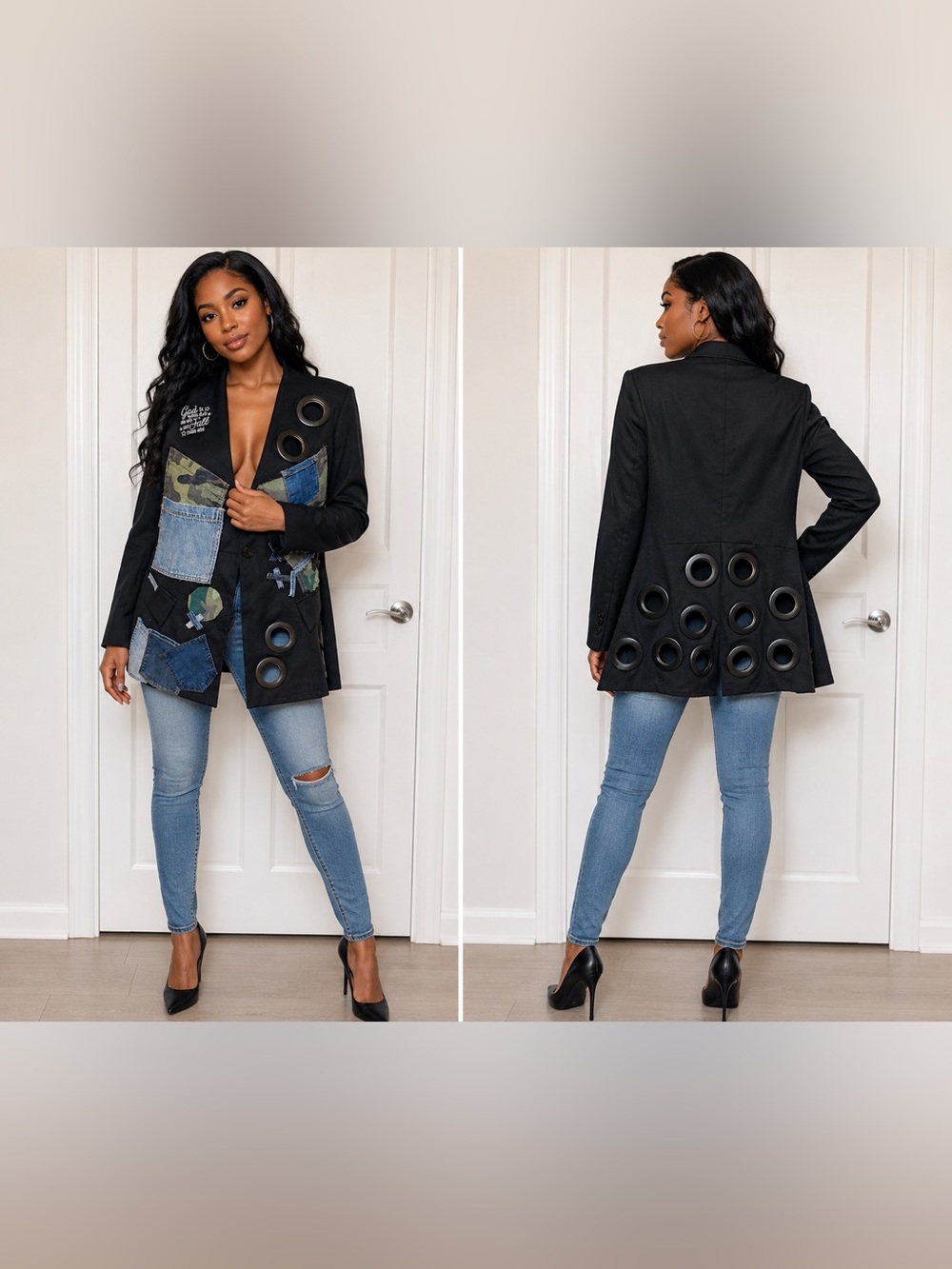 Upcycled Black Grommet & Patchwork Blazer size XL